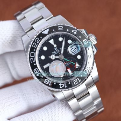 High Replica Rolex GMT-Master II  Watch Black Face Stainless Steel strap Black Ceramic Bezel  40mm